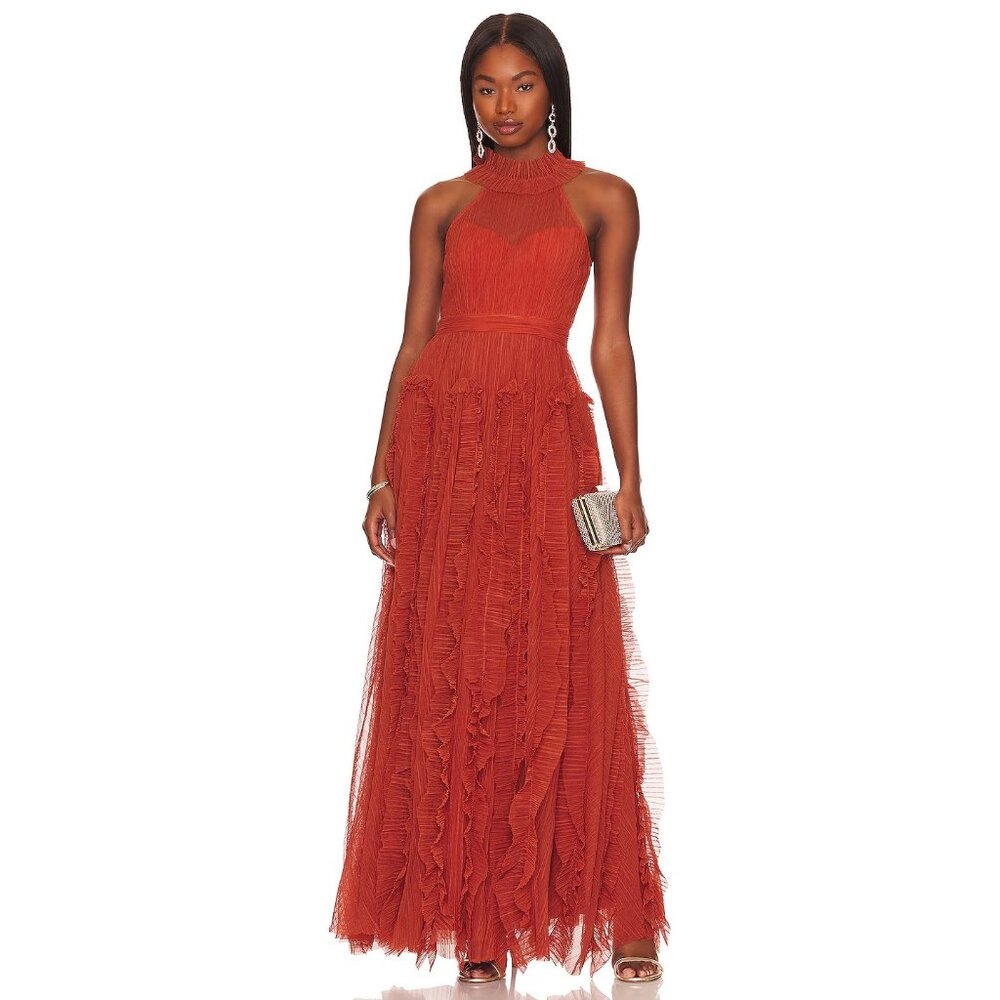 NWT BCBG MaxAzria Marvyn in Cinnamon Stick Tulle Halter Evening Gown Dress 14